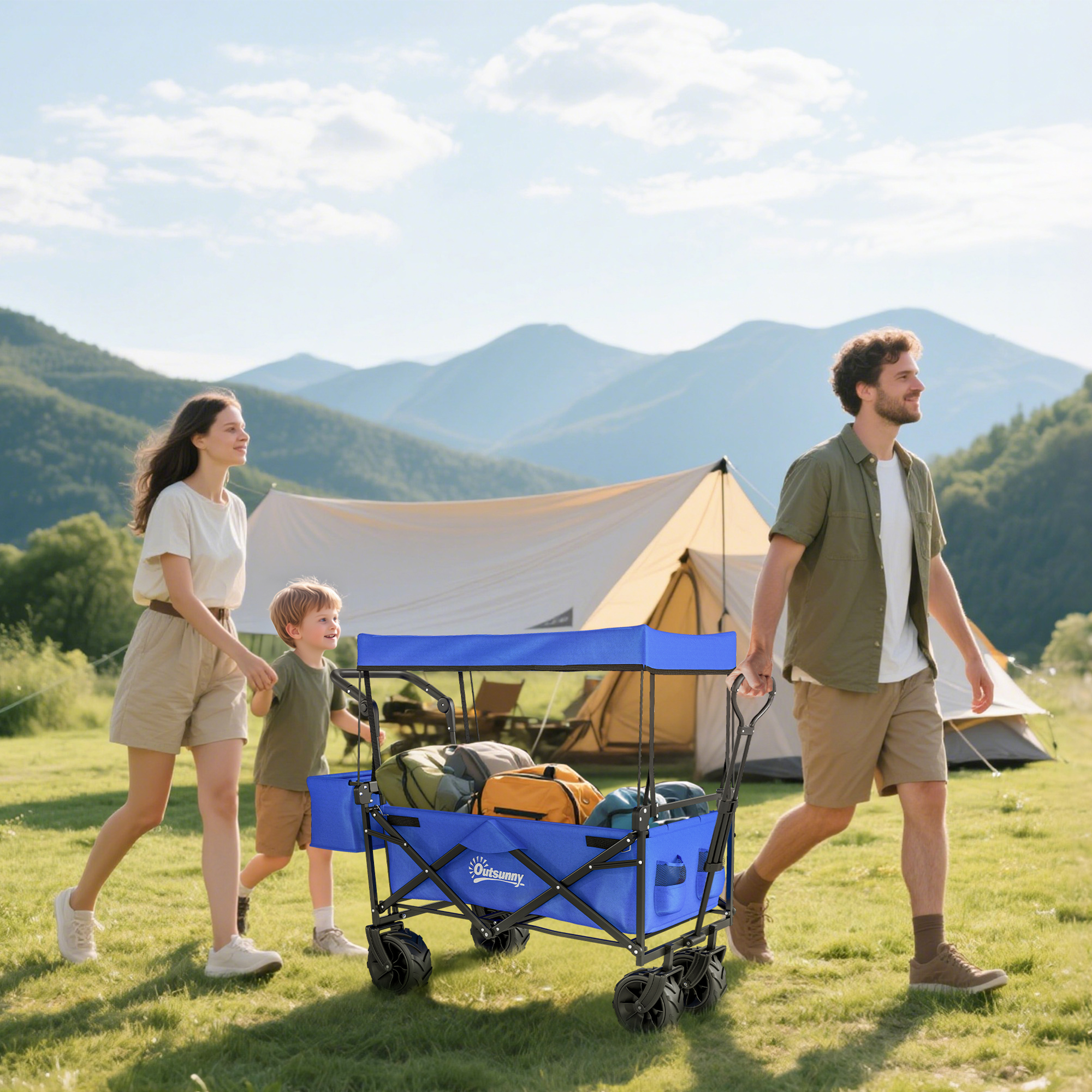 Outsunny Carrello da Giardino Pieghevole con Tetto, Maniglia e Cestino, 117x55x98 cm, Blu   Aosom Italy