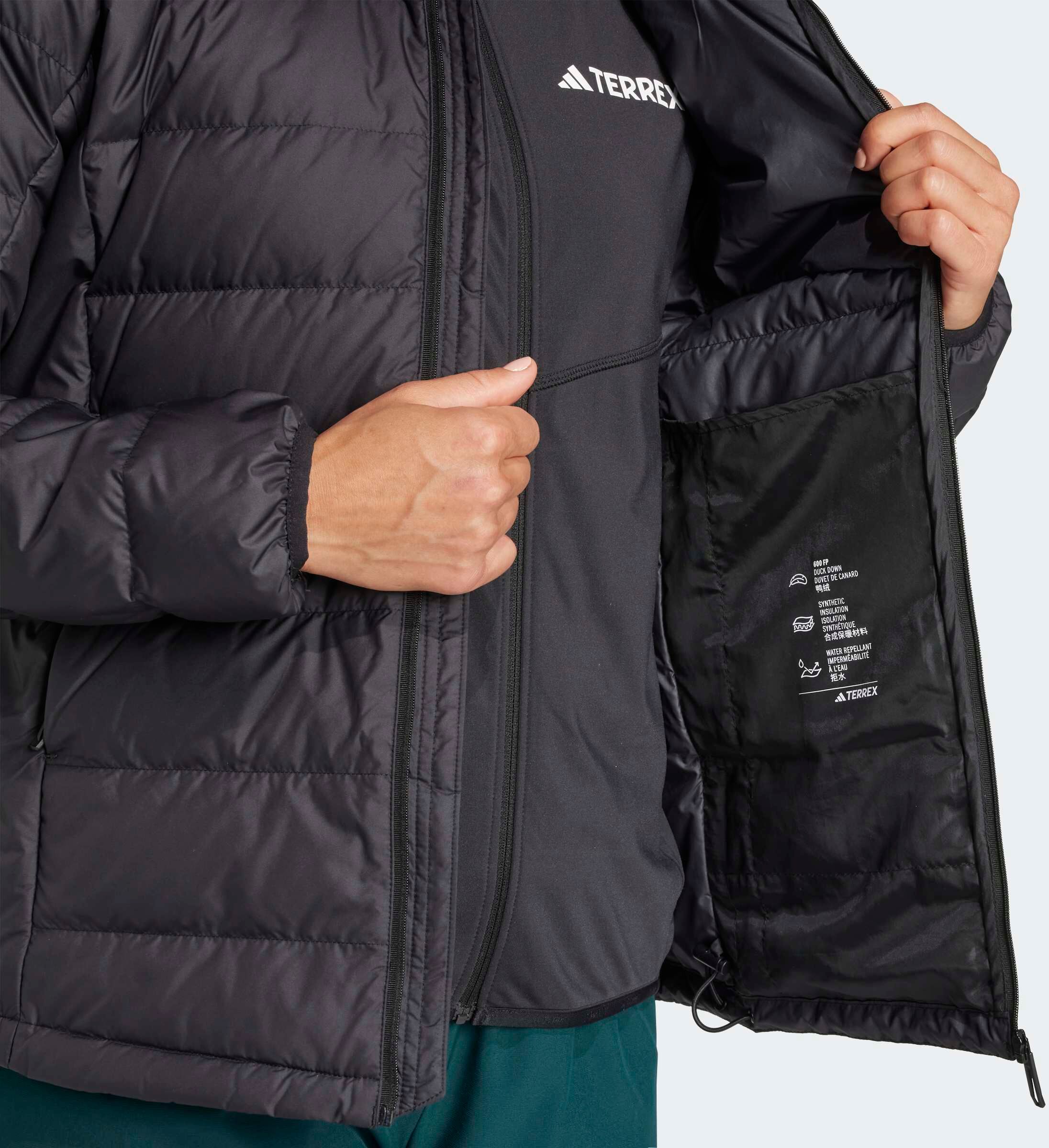 Outdoorjacke ADIDAS TERREX "W MT DOWN H J", Damen, Gr. S, schwarz, Obermaterial: 100% Polyester, Jacken Outdoorjacke, sportlicher Stil, aus Polyester, mit Reissverschluss schwarz S