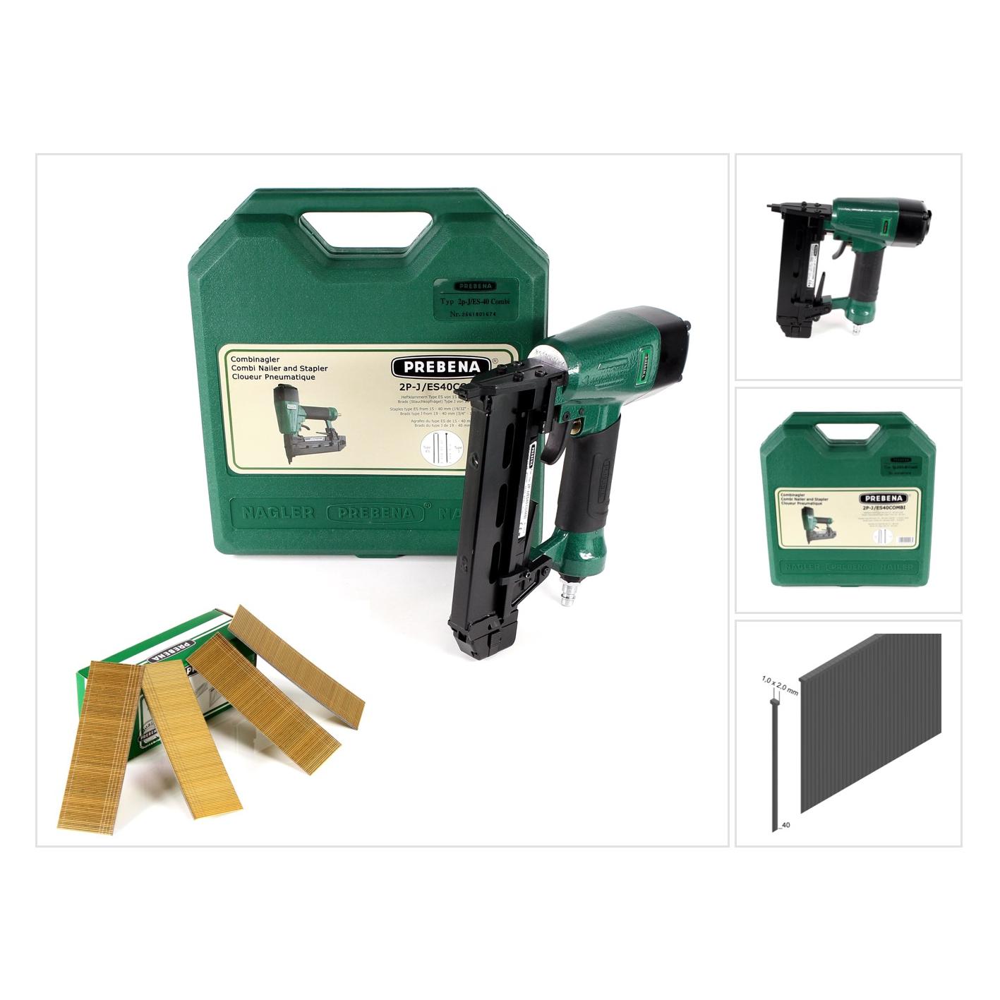 Prebena Druckluftnagler 2P-J/ES 40 COMBI 5 bis 7 Bar - im Transportkoffer + J 40 CNKHA Stauc (Nagelpistole, Tacker) (2P-J/ES40COMBI)