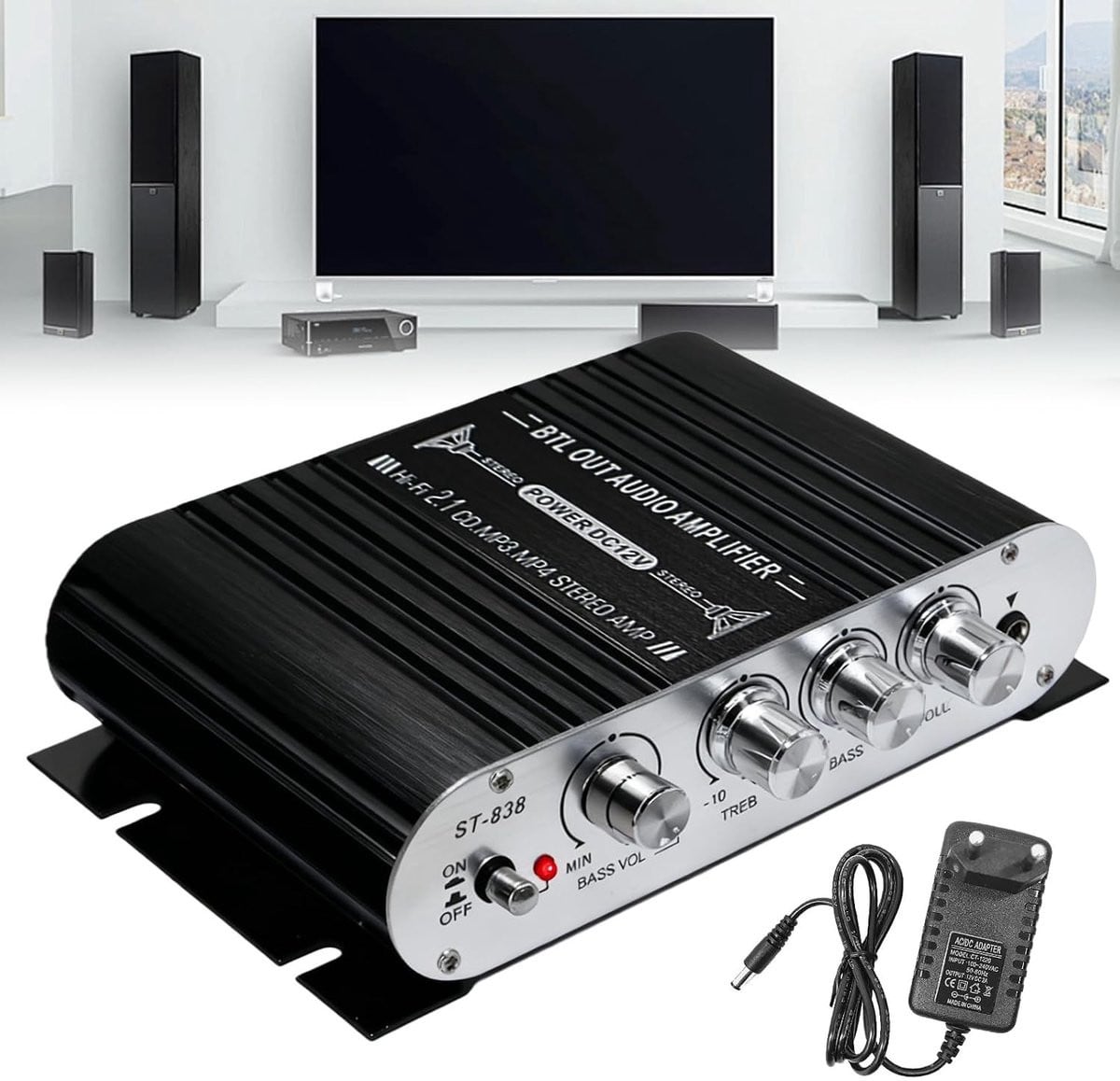Krachtige Mini HiFi Versterker 2.1CH met 20Wx2 + 40W Subwoofer Uitgang, Stereo Class D met AUX en Voedingsadapter