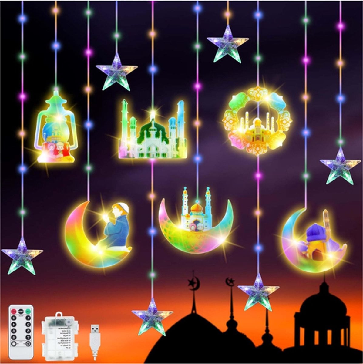 Ramadan Lichtsnoer met Ster en Maan, 114 LED's, 3 m, 8 Knippermodi, USB en Batterij