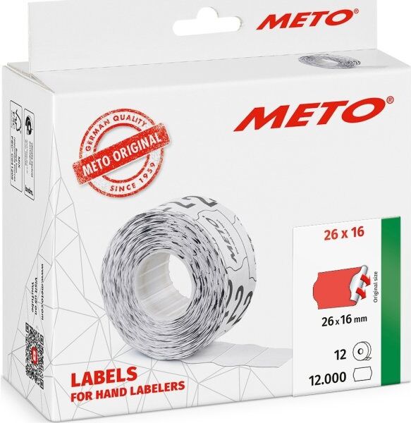 Meto Pristiketter Perm.   26x16 Mm   Rød   12 Rl.