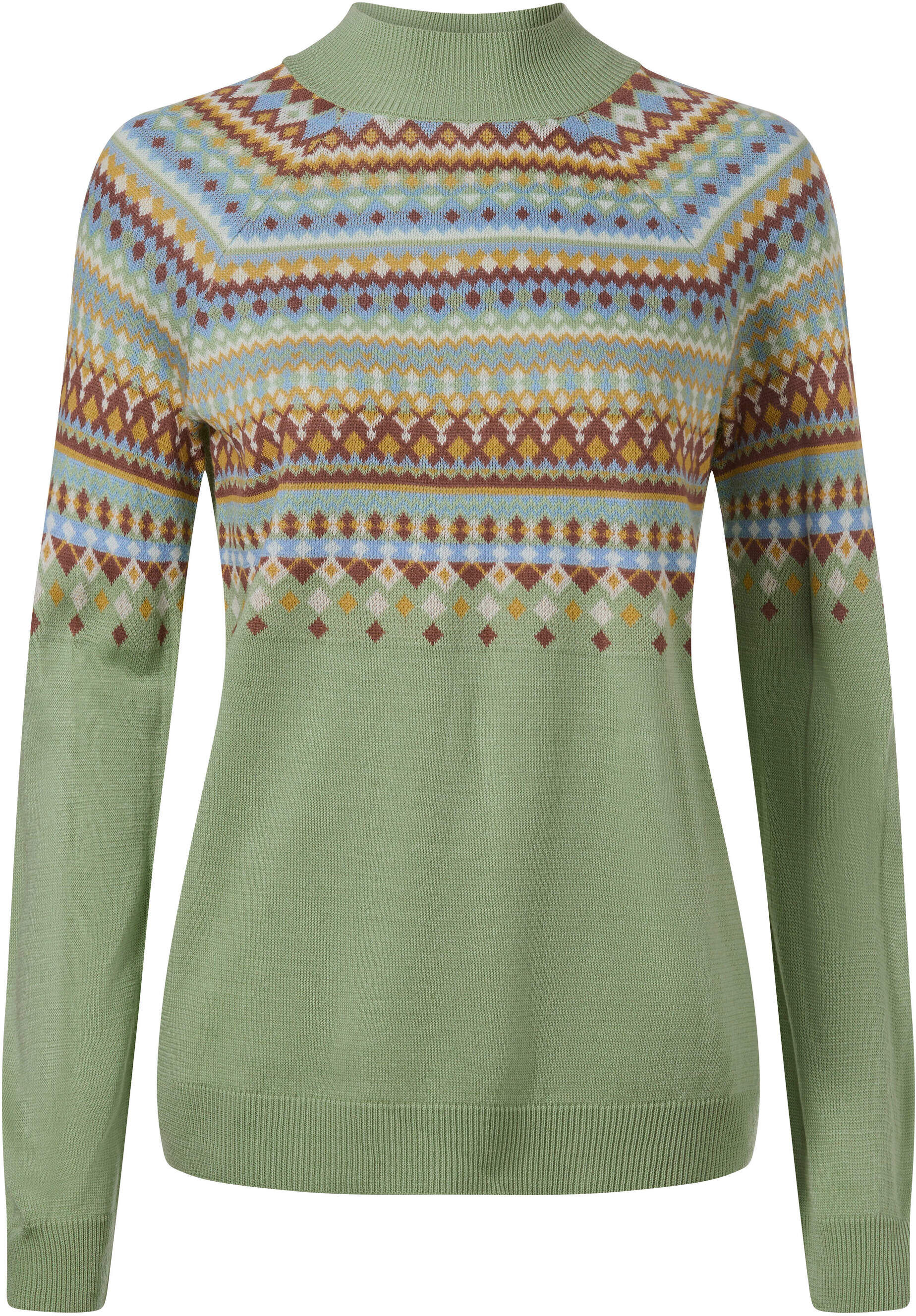 Sieh An! Longpullover SIEH AN "Norwegerpullover Norwegerpullover mit Raglan-Ärmeln", Damen, Gr. 46, eucalyptus, ocker, gemustert, Strick, , Sportlich, Rundhals, Pullover Longpullover