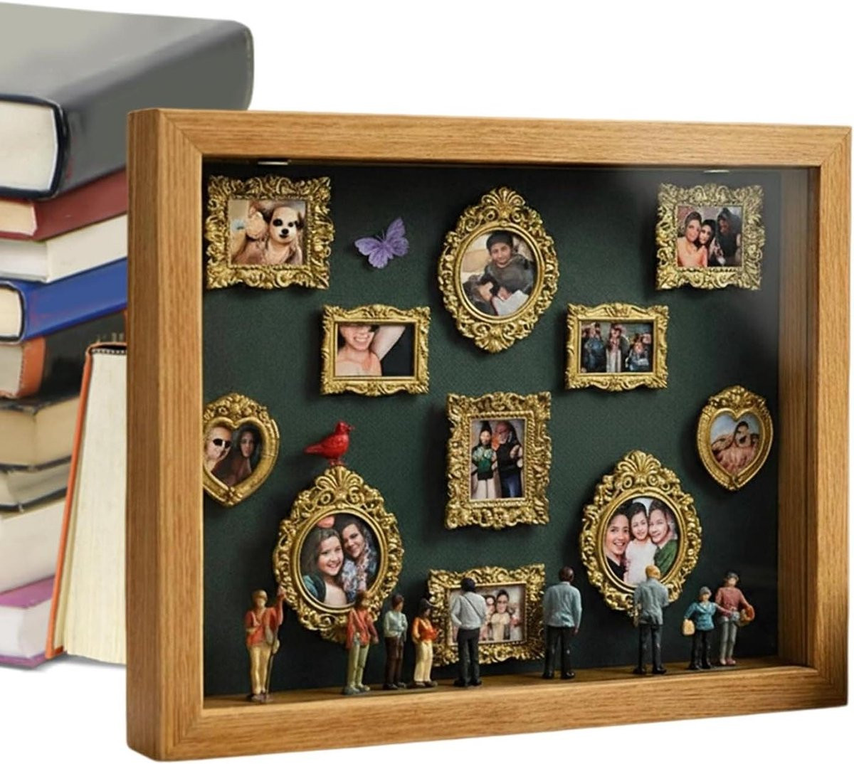 Mini Museum Fotolijst Displaykast met Verlichting - Houtkleur Groen - 31.4 x 22.7 cm