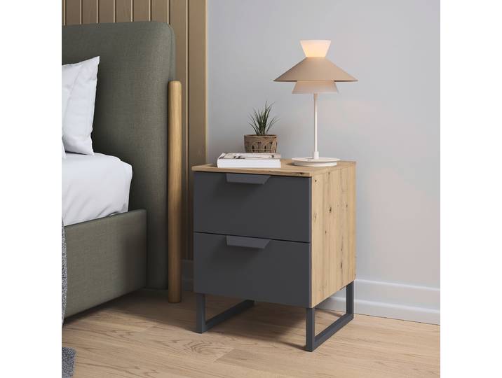 Nachtkommode Aditio 53cm Holz/Grau/Graumetallic/Eiche Artisan Dekor Kufen