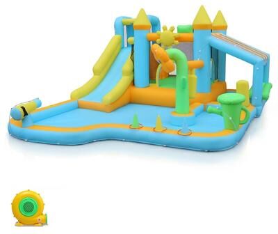 Oxford Cloth Inflatable Castle In Blue Garden Theme Bounce House With Slide, Trampoline And Playhouse - N/A