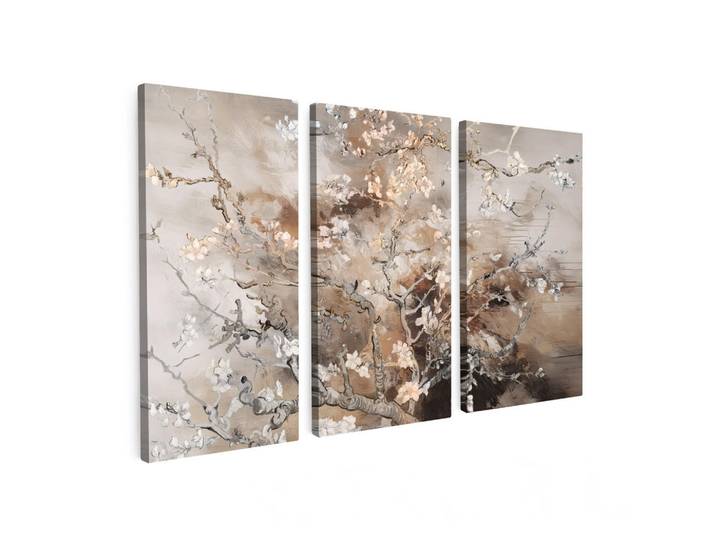 MuchoWow Leinwandbild - 3er Set - Mandelblüte - Abstrakt - Beige - 120x80, Textil, Kiefer, Rechteckig, 120x80 cm, Keilrahmen, Bilder & Rahmen, Bilder, Wandbilder