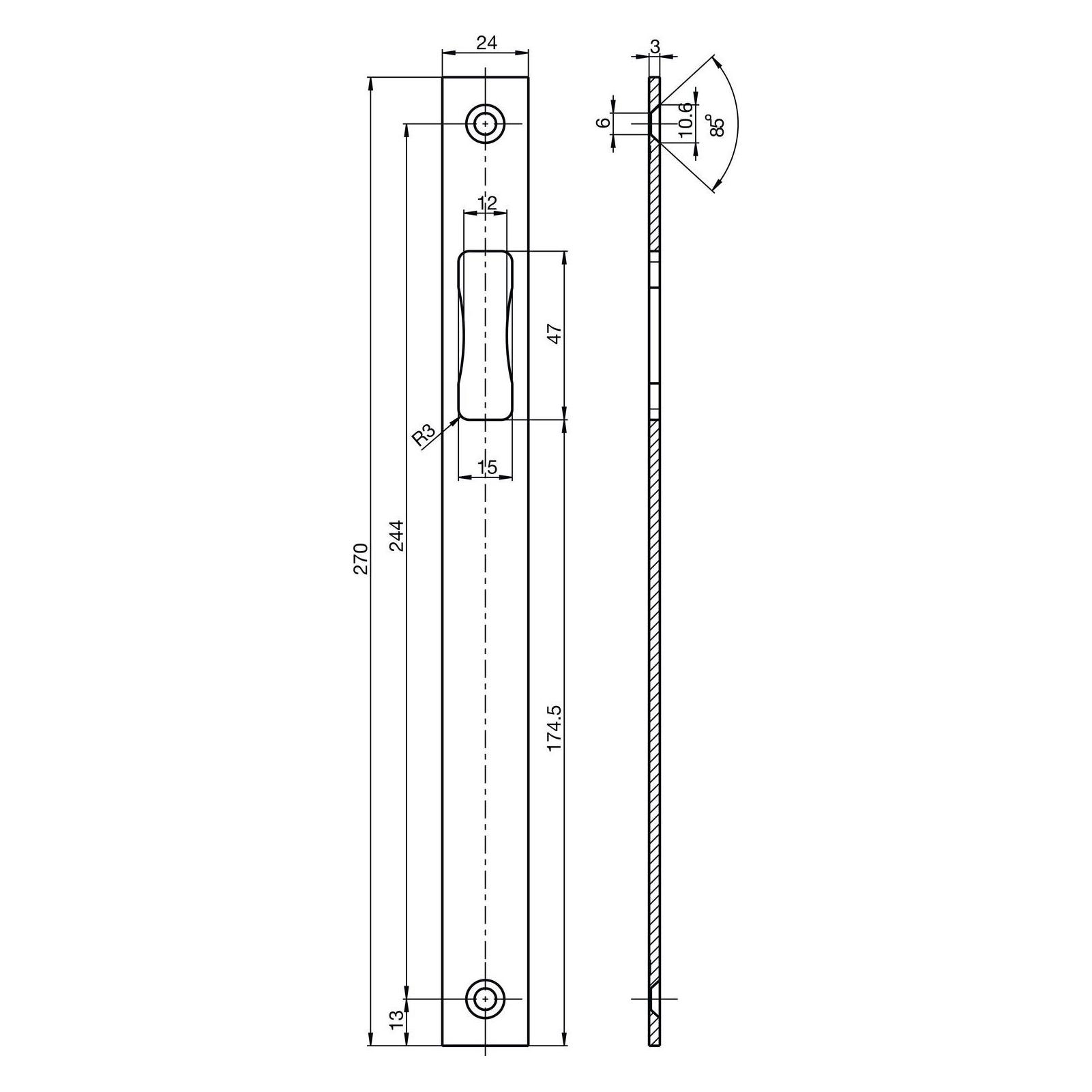 BKS Schliessblech flach/eckig, Austattung Falle 270x24 mm universal Edelstahl (Türschildgarnitur) (42731402)