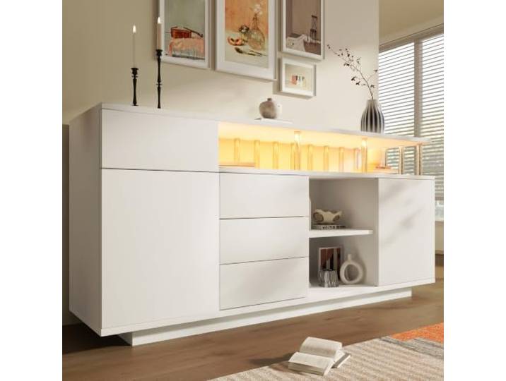 VILUXE Sideboard 160 cm mit LED 4 Schubladen & 2 Türen Weiß Modernes Sideboard mit LED, Acryl-Stützen, 4 Schubladen und verstellbaren Böden, für Wohnzimmer, Flur und Küche