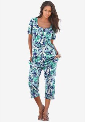 Plus Size Women's Plus Size 2-Piece Printed Henley Top and Capri Set by Roaman's in White Watercolor Palm (Size 18/20) Matching Jersey T-Shirt and Ca