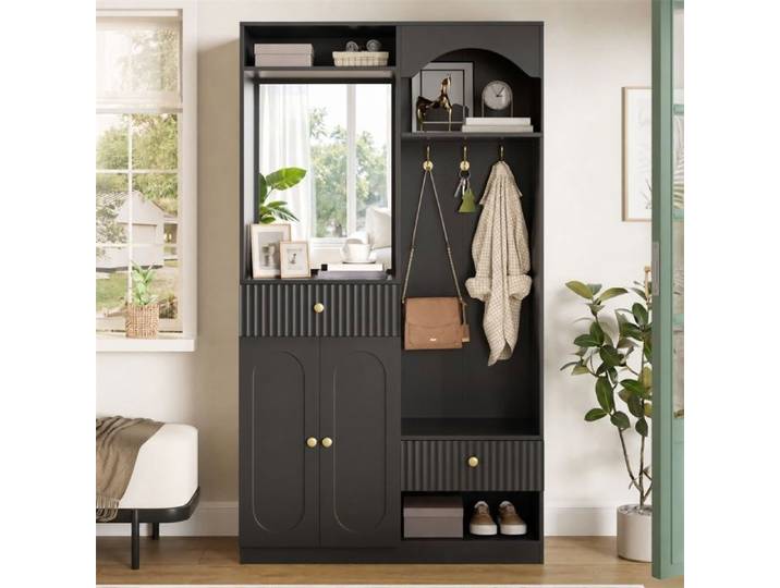 Meuble d entrée vestiaire - Armoire compacte avec miroir armoire d'entrée avec meuble à chaussures et patères - Noir