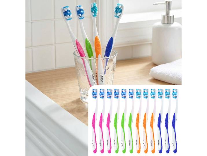 12er-Pack Zahnbürsten mit Zungenreiniger, 4 Farben, Medium