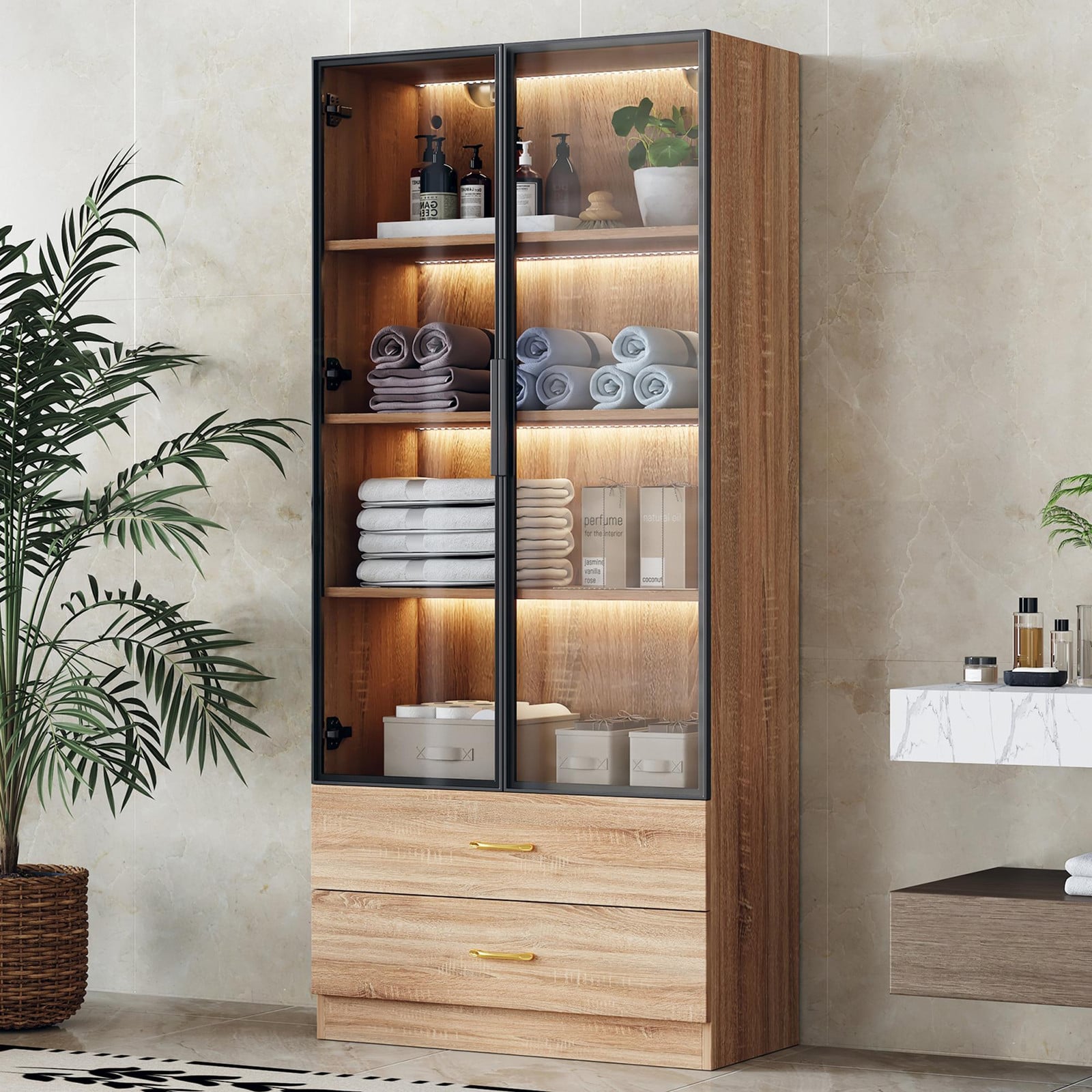Fortuna Lai Gmbh badkamermeubel met verlichting, 2 lades en 2 deuren (waarvan één glazen deur), Breedte: 75 cm