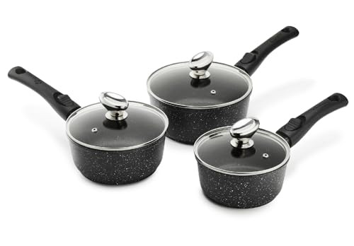 Pradel Excellence Set van 3 Braadpannen van Gegoten Aluminium met Glazen Deksels, Steenlook, Diameter: 16 cm, 18 cm en 20 cm