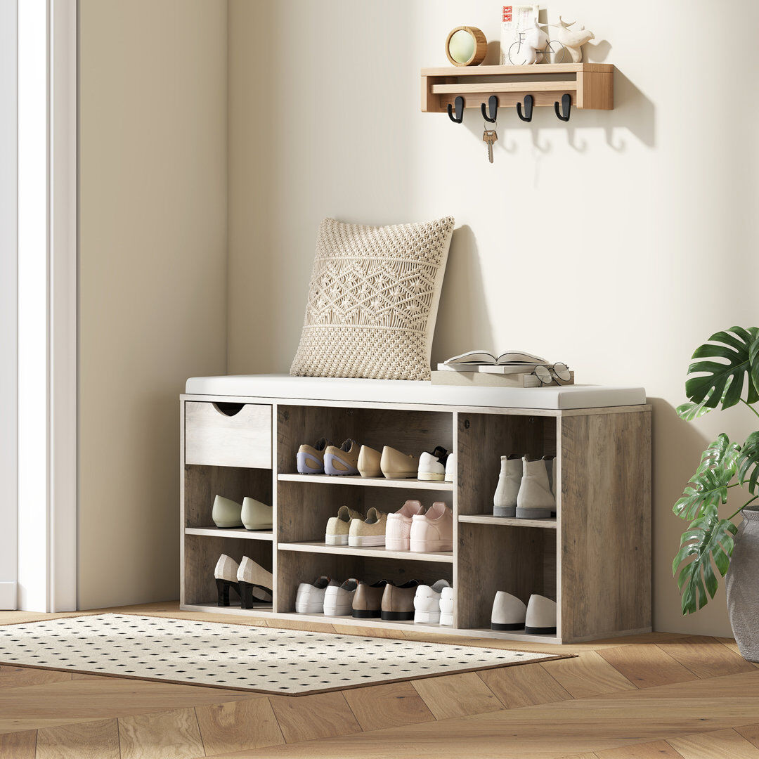 17 Stories HOMCOM Shoe Storage Cabinet Bench w/ Cushion Adjustable Shelves Grey Gray 10