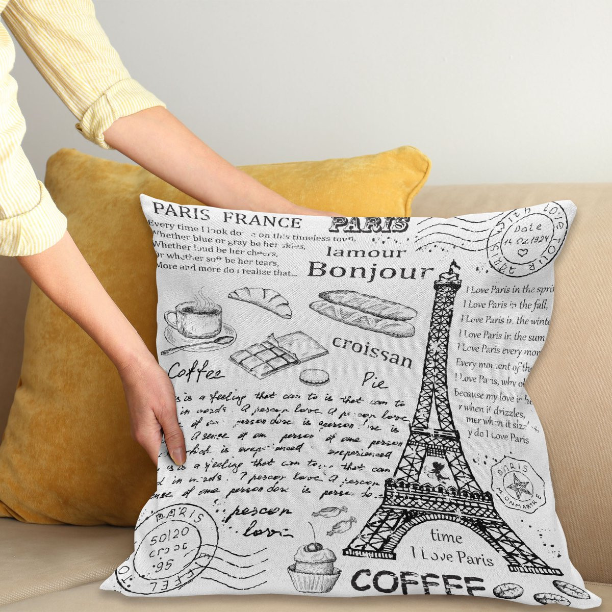 ABAKUHAUS Paris Sierkussenhoes met Bonjour Croissant en Eiffel Tower Print, Zwart Wit, 70 x 70 cm