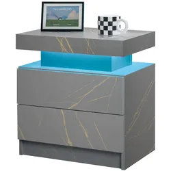 MODFU Nachttisch aus Holzwerkstoff in Grau/Gold mit LED-Beleuchtung und 2 Schubladen