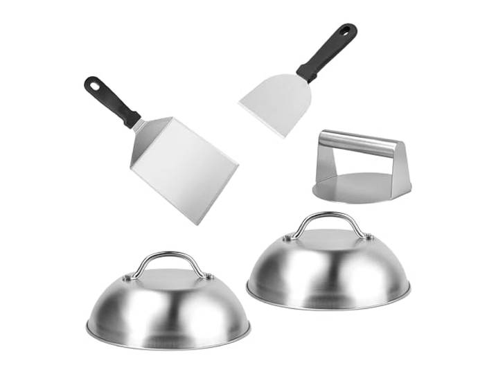 Relaxdays Smash Burger Set\, 5 pièces\, Presse à Burger\, 2 Cloches à Fromage et 2 spatules\, Moule à galettes\, INOX\, Argent
