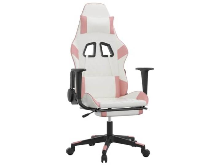HKLGBVCR Massagestuhl mit Fußstütze, Weiß & Rosa, Kunstleder Massage-Lordosenkissen, USB-Port, neigbar, höhenverstellbar, Rollen 360°, Metallrahmen, Sperrholz, einfache Montage