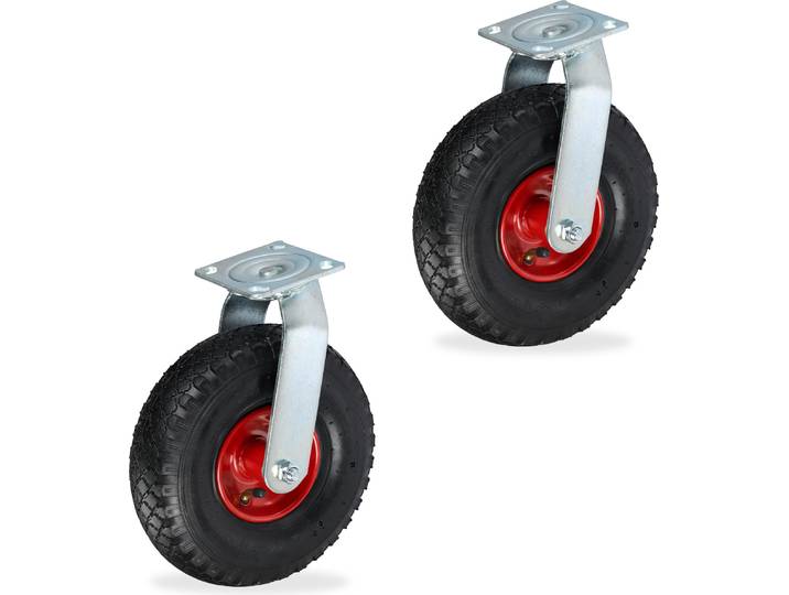 Relaxdays Lenkrollen 2er Set, luftbereift, 3.00-4, Schwerlastrollen, Platte zum Anschrauben, bis 240 kg, schwarz/rot