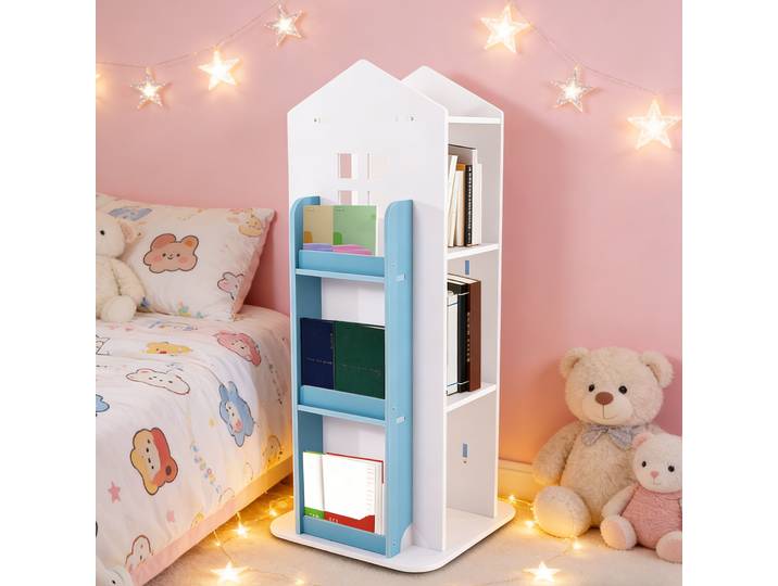 360 ° Bibliothèque rotative pour enfants, bibliothèque d'angle rotative en forme de château pour manuels scolaires, jouets, salon, chambre à coucher