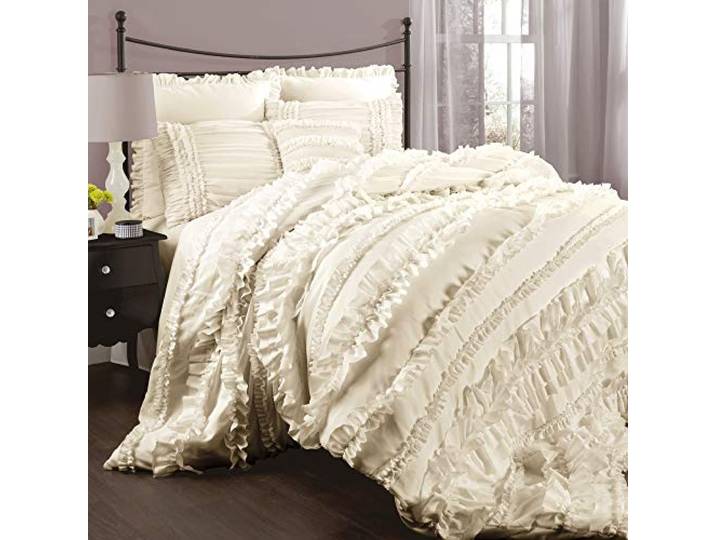 Lush Decor Belle Elfenbeinfarbenes Schmusetuch mit Rüschen, Vintage-Chic, 4-teiliges Set mit Bettrock und 2 Kissenbezügen, Polyester, Queen