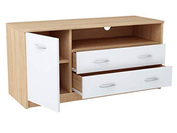 MATKAM Fernsehkommode 1D2S, H55xB110xT41cm, laminierte Möbelplatte 16 mm, EIN offenes Regalfach rechts, darunter 2 Schubladen, Links eine Ablage mit Tür, Metallscharniere (Sonoma Eiche – weiß)
