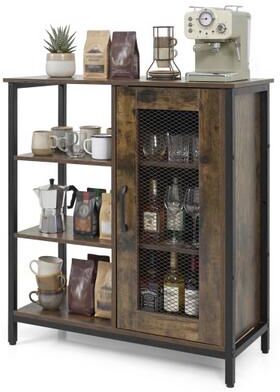 Costway Industrial Side Cabinet with Metal Mesh Door and 3 Open Shelves-Rustic Brown
