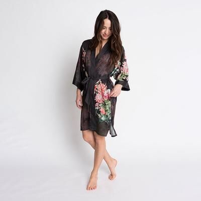 Coral Chrysanthemum Kimono Robe - Short   KIM + ONO - black / one size