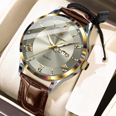 Youfap Market Luxury Business Wristwatch For Men, Date Week Leather Quartz Male Watch, Waterproof Luminous Fashion Men Watches gold Gold