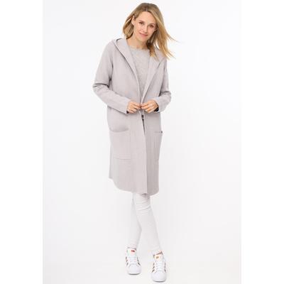 Cardigan ZWILLINGSHERZ "Janina", Damen, Gr. S/M, grau (hellgrau), Obermaterial: 50% Viskose, 27% Polyester, 23% Nylon, knielang, V-Ausschnitt, Strickjacken, Kapuze, Taschen, Langarm, knielang, ohne Verschluss