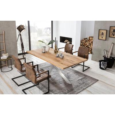 Esstisch SIT "Dakar Wildeiche natur mit Stern-Gestell aus Metall, Massivholz", beige (natur, silber, silber, natur), B:200cm H:76cm T:100cm, Tische, Esstisch, Markantes Stern-Gestell trifft auf massive Wildeiche