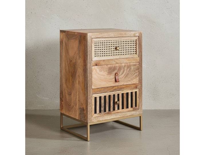 KADIMA DESIGN Nachttisch Nachttisch Mango Massivholz / Metall 40x60x30 cm Nachtschrank (Wiener Geflecht mit Stauraum), Boxspringbett, Design Nachtkonsole mit 3 Schubladen, Nachtkommode