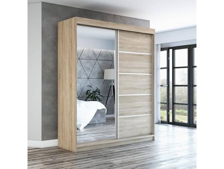 A&J MöbelLand Schwebetürenschrank GAPI Kleiderschrank 2-türig mit Spiegel, Garderobe 180 cm (Sonoma/Sonoma/Sonoma)