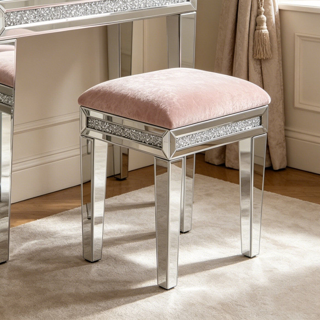 Blue Elephant Mikayil Glass Mirrored Accent Stool Diamonds Vanity Stool Light Pink 53cm H X 36cm W X 46cm D