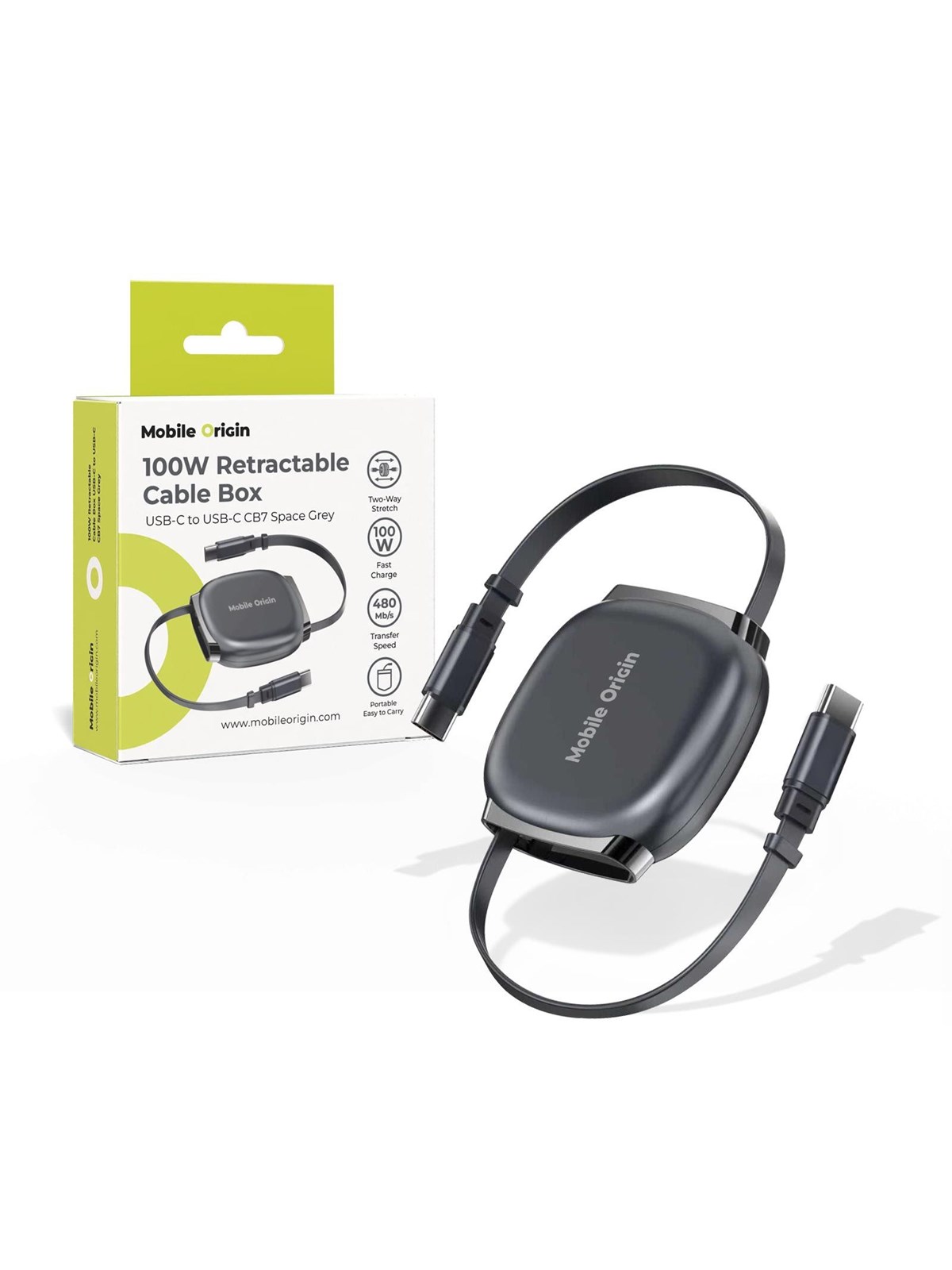 Mobile Origin 100W Retractable Cable Box USB-C to USB-C CB7 Space Grey