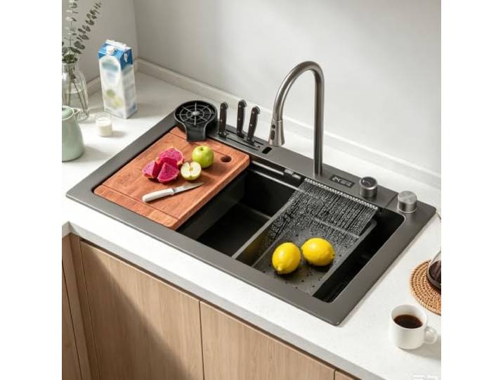 JKJZSALJ Spülbecken Wasserfall mit Zubehör Set Küchenspüle Edelstahl Rechteckig wie mit Messerhalter Box, 5 Hahnlöcher Küchenspüle, Multifunktionales Barspüle, 1 Spüle
