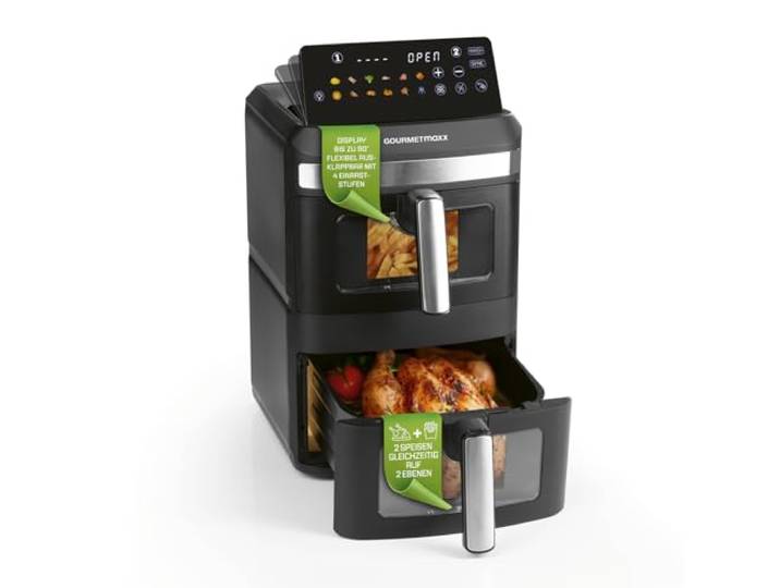 GOURMETmaxx FryUp XL vertikale Doppelkammer Heißluftfritteuse mit Sichtfenster - 12 L Airfryer mit 9,6 Zoll Multi-Colour LED-Touchdisplay & 12 Programmen Heißluftfritteuse 2 Kammern mit Oberhitze