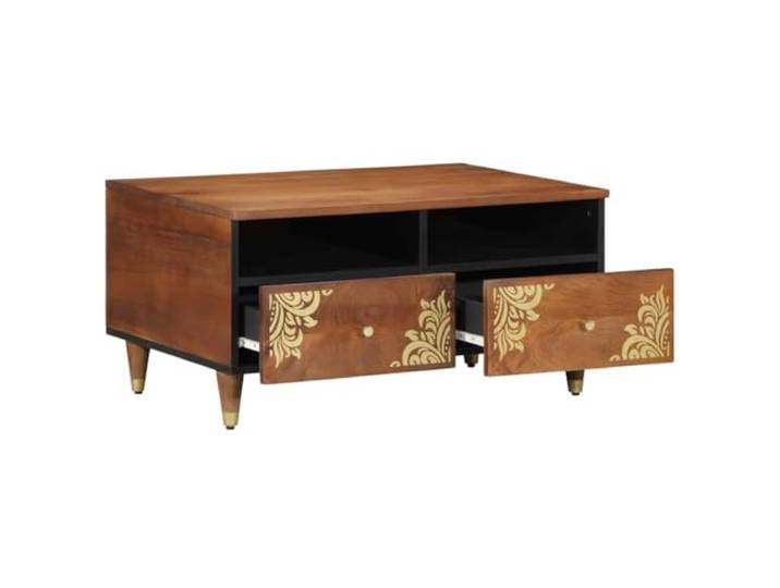 IBUQDDV Couchtisch Honigbraun 80 x 54 x 40 cm Massivholz Mango Mit Tür, handgemalte Oberfläche, Messingknöpfe, konische Messingbeine, Stauraum, matte Oberfläche
