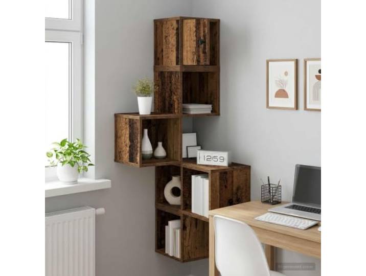 Wand-Eckregal aus Holzwerkstoff 48x48x120 cm Altholz-Optik für Wohnraum Eckmontage, platzsparend, pflegeleicht, robust, vielseitig, moderne Optik, Schlafzimmer, Büro, Küche