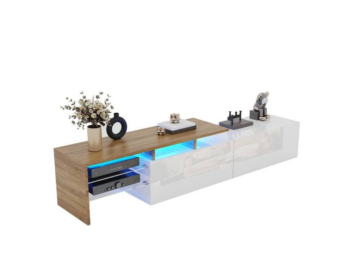 Flieks Tv-Schrank Modern Hochglanzweiß Holzoptik Glasböden LED-Beleuchtung, Weiß, 42.19x18.42x143 cm, Wohnzimmer, TV Möbel, Lowboards, Lowboards stehend