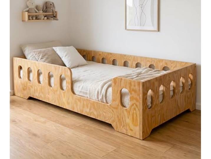ACMA Kinderbett 200x90 cm Miki P Holz Natur - Juniorbett aus Sperrholz mit Lattenrost, Montessori Bodenbett, Kinderzimmer Bett, stabiles Holzbett, modernes Design, niedrige Einstiegshöhe