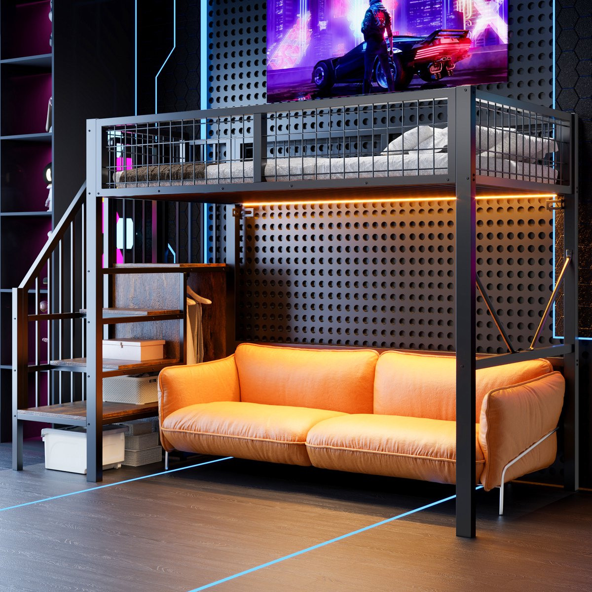 DESMIU Metalen Hoogslaper voor kinderen, Zwart, 90 x 200 cm