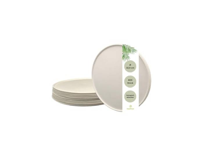 DeinPack 400 Stück Zuckerrohr Pizzateller Ø32,5 cm weiß rund I Partyteller Einmalgeschirr Bio Einweggeschirr Speiseteller Bagasse Teller Bio Geschirr biologisch abbaubare Teller für Pizza