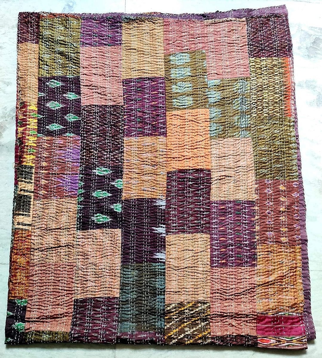Handgemaakte Indiase Zijde Patchwork Kantha Sprei - Vintage Quilt voor Tweepersoons/Kingsize Bed