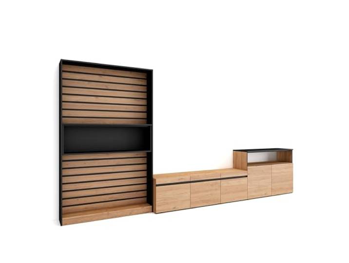 Skraut Home Wohnwand Wohnzimmer Wohnzimmermöbel, Möbelset 360x186x35cm Für TV-Geräte bis zu 65 Wohnzimmer Möbel Moderner Stil Eiche Schwarz
