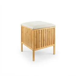 Relaxdays Wäschekorb zum Sitzen, Bambus, gepolsterter Deckel, HBT: 52 x 39 x 39 cm, Badhocker mit Stauraum, natur/creme