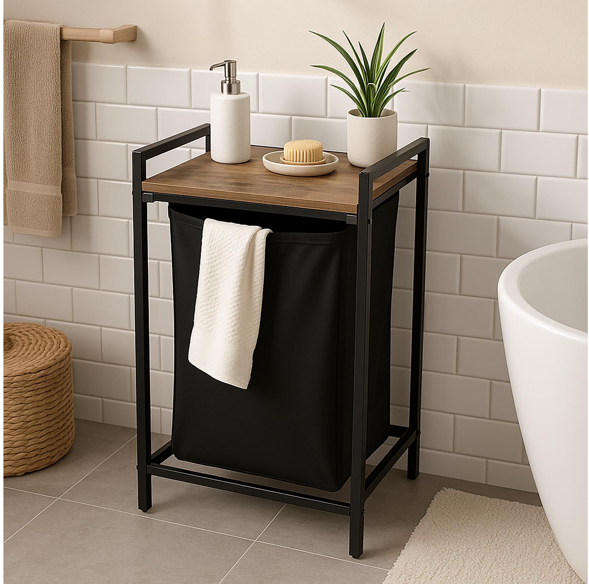 Wäschekorb RELAXDAYS "65 L", schwarz (braun, schwarz), B:50cm H:72cm T:33cm, Eisen, MDF, Polyester, Wäschesammler, Wäschekorb braun, schwarz 65 l