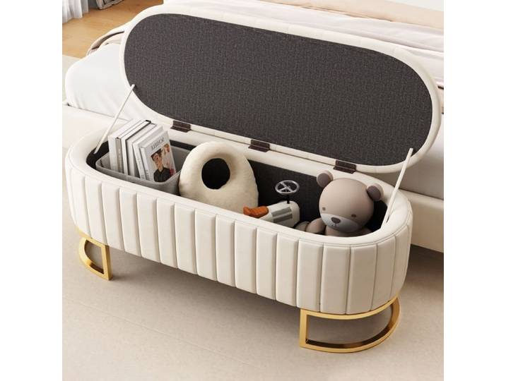 Banc de rangement - Banc coffre - 120 x 40 cm - Velours beige - Coffre rembourré