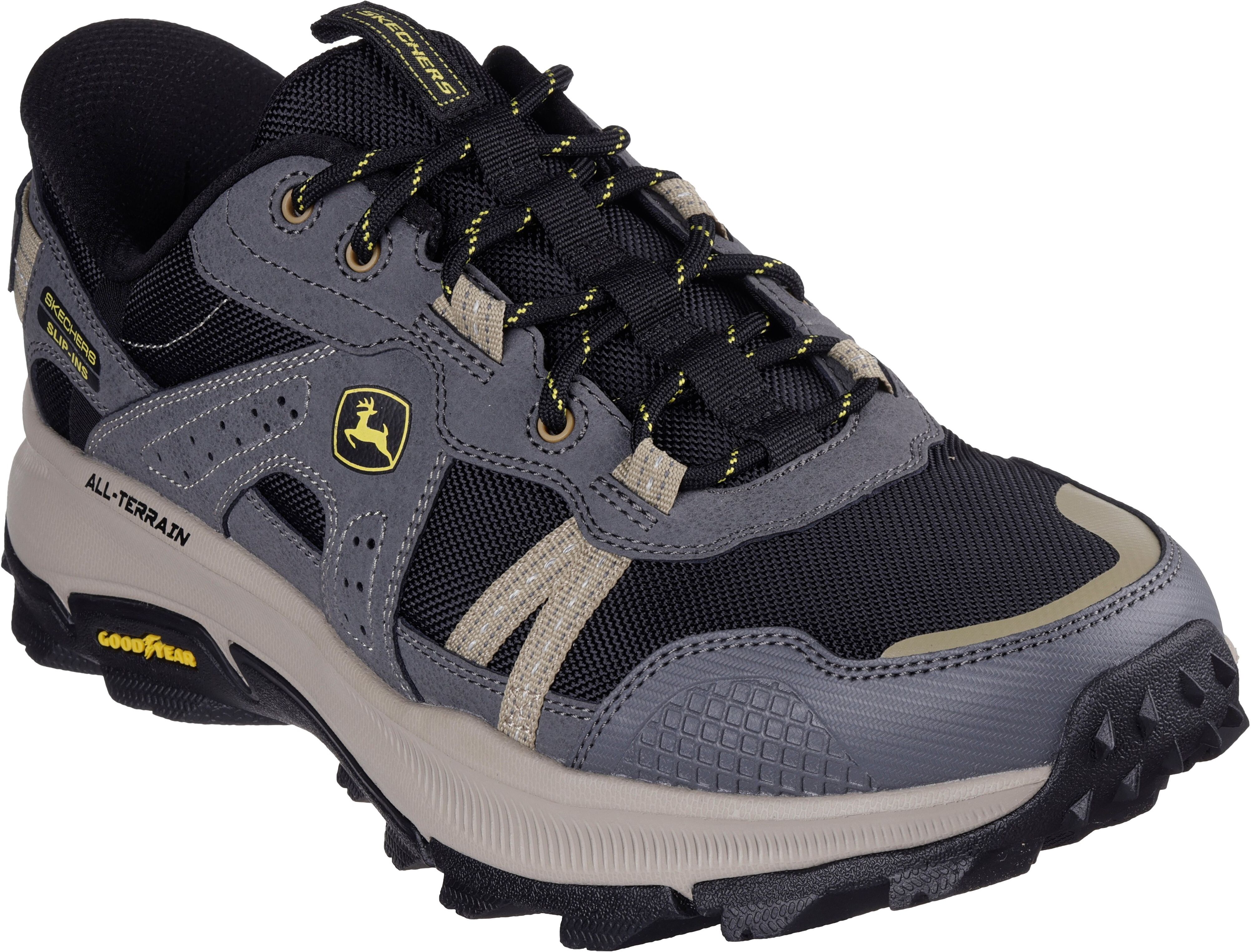 Slip-On Sneaker SKECHERS "EQUALIZER 5.0 TRAIL JOHN DEERE-HARVESTER", Herren, Gr. 44, Textil, schwarz (grau, schwarz), Leder, Mesh, Schuhe Slip-On Sneaker, Schnürschuh mit John Deere Collaboration grau, schwarz 44, Textil